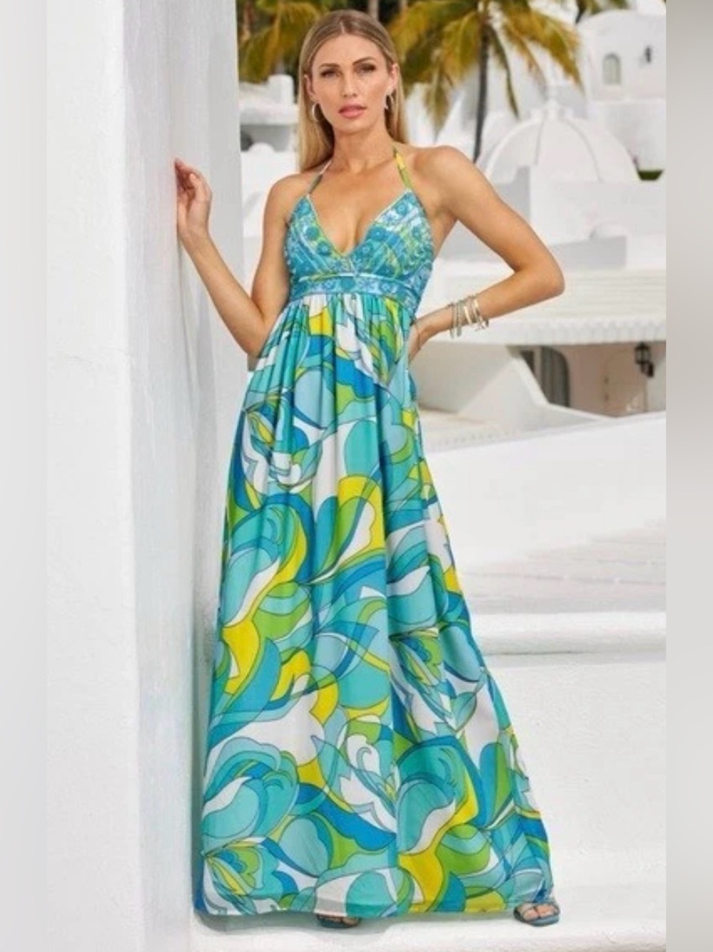 Boston Proper Capri Waters Beaded halter Maxi Dress - S - Picture 1 of 14